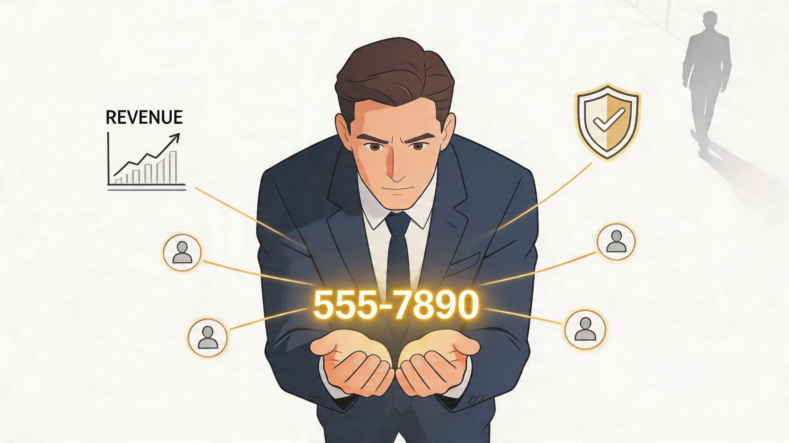 A professional businessman holding a glowing phone number, symbolizing business growth and secure communication strategies.