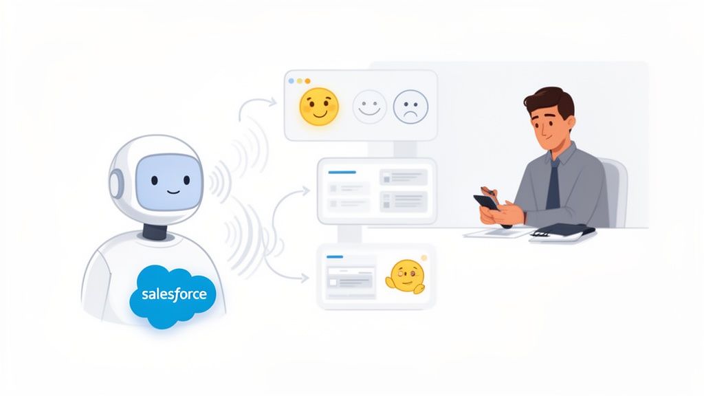 A Salesforce AI bot interacts with a user, processing feedback and customer sentiment for integration.