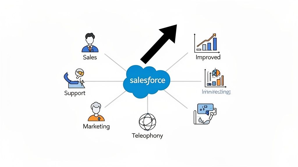 Salesforce cloud at center, connecting Sales, Support, Marketing, Telephony, leading to improved outcomes and insights.
