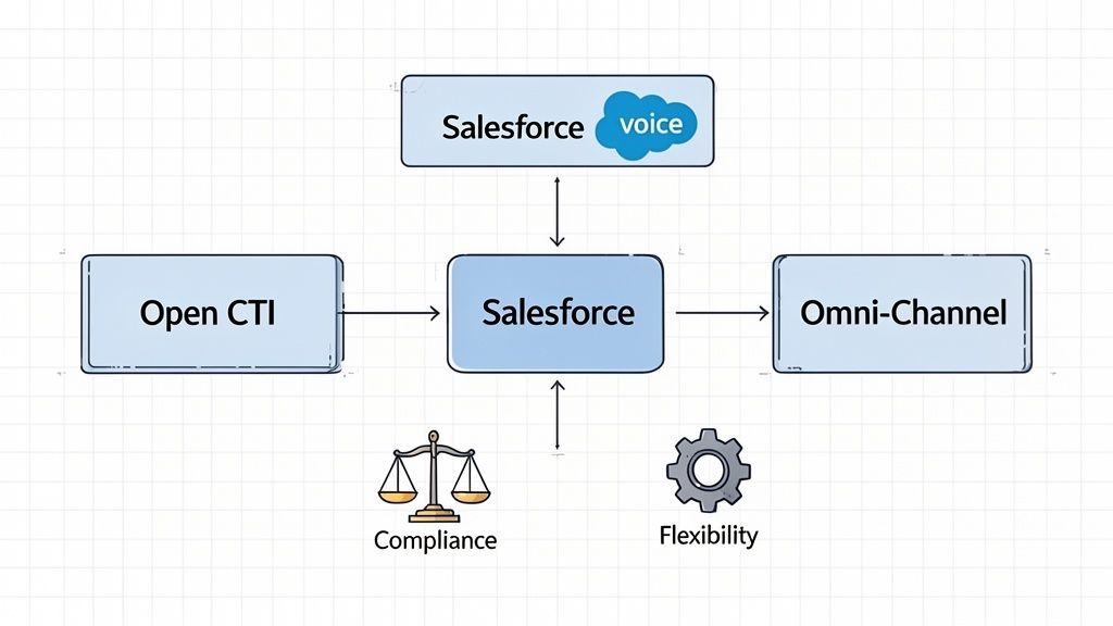 Diagram illustrating Salesforce integrations with Open CTI, Omni-Channel, Salesforce voice, Compliance, and Flexibility.