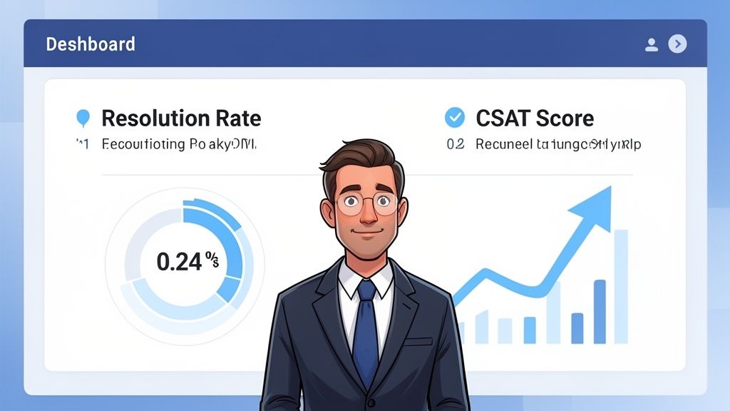 A professional cartoon man standing in front of a digital dashboard displaying resolution rate and CSAT metrics.