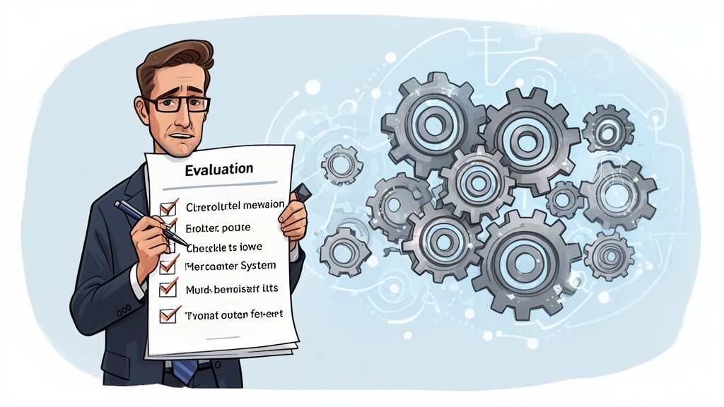 A professional man holding a checklist labeled Evaluation next to a complex system of gears and cogs.