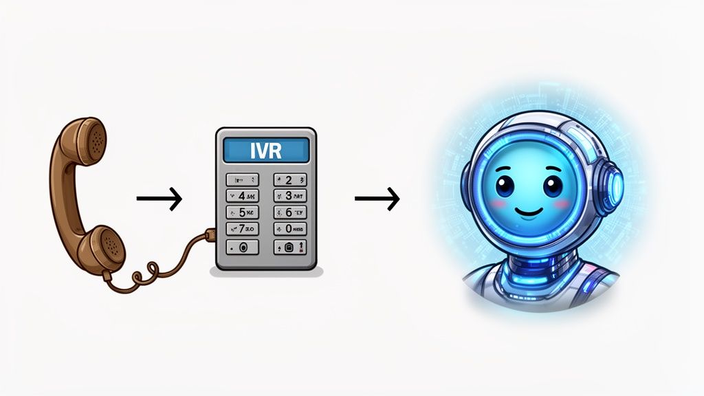 A diagram showing an old telephone handset connecting to an IVR system, transitioning into an AI chatbot.