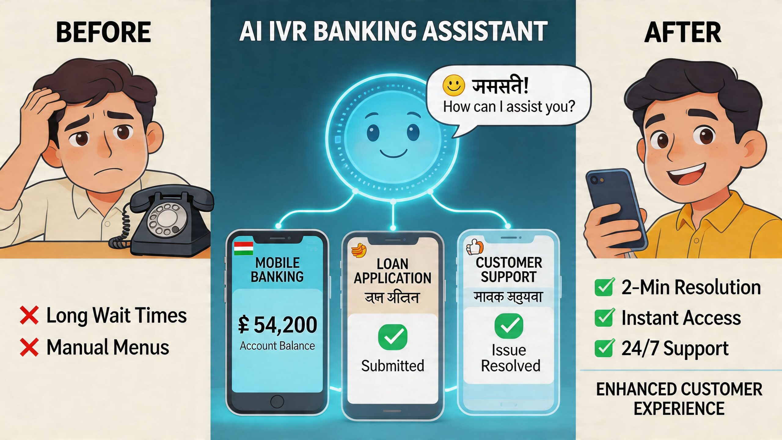 A diagram contrasting long banking wait times with an efficient AI IVR banking assistant solution.