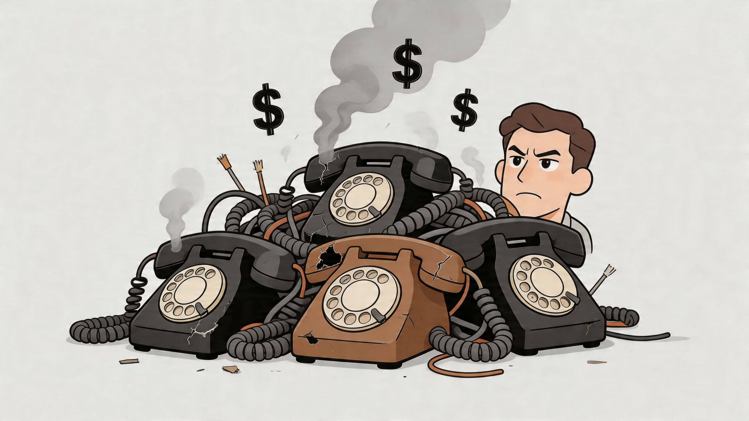 A frustrated man looking at a pile of broken, smoking vintage rotary telephones representing financial loss.