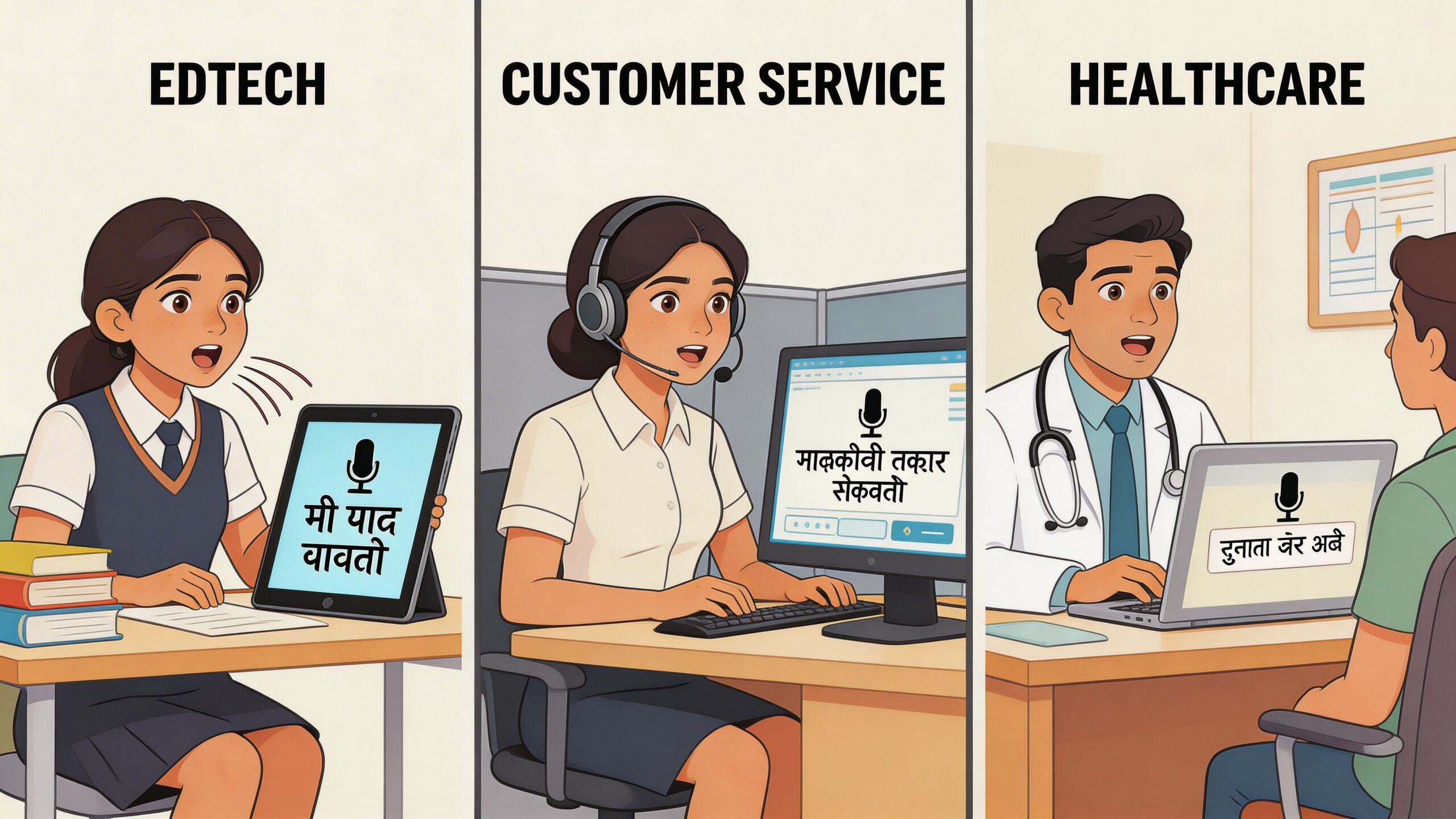 A three-panel illustration showing people using Marathi speech-to-text technology in education, customer service, and healthcare settings.