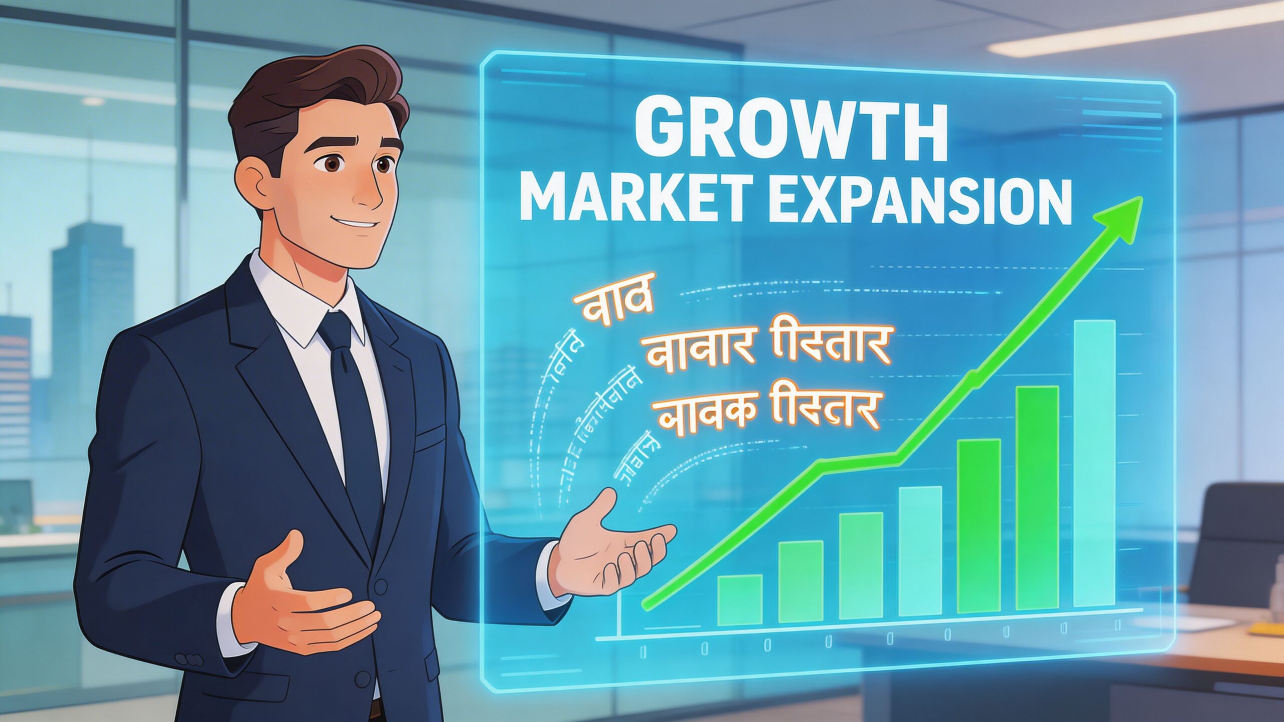 A professional man gesturing towards a digital chart titled Growth Market Expansion with Hindi text overlays.