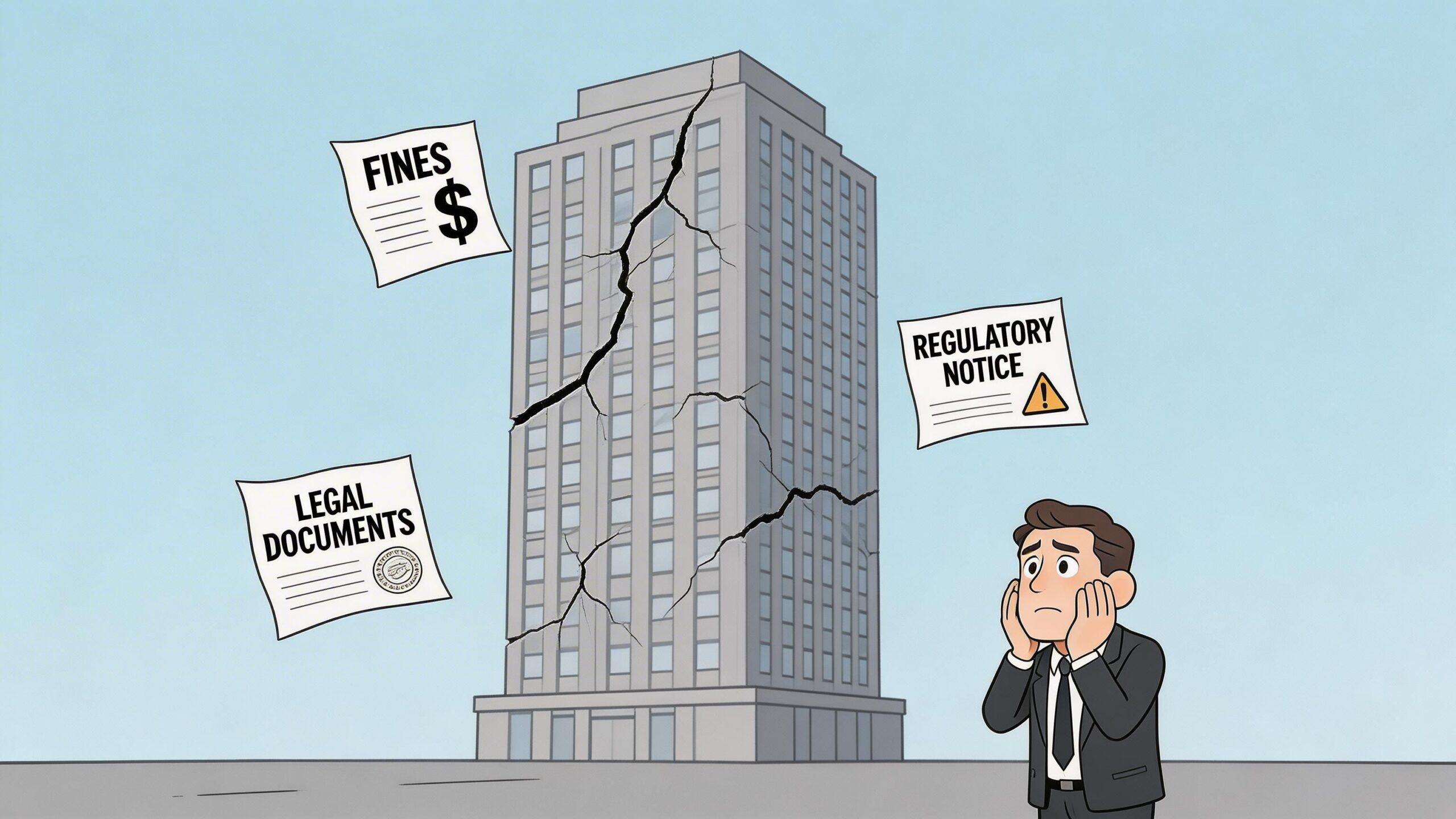 A worried businessman looking at a cracking office building surrounded by fines and legal documents.
