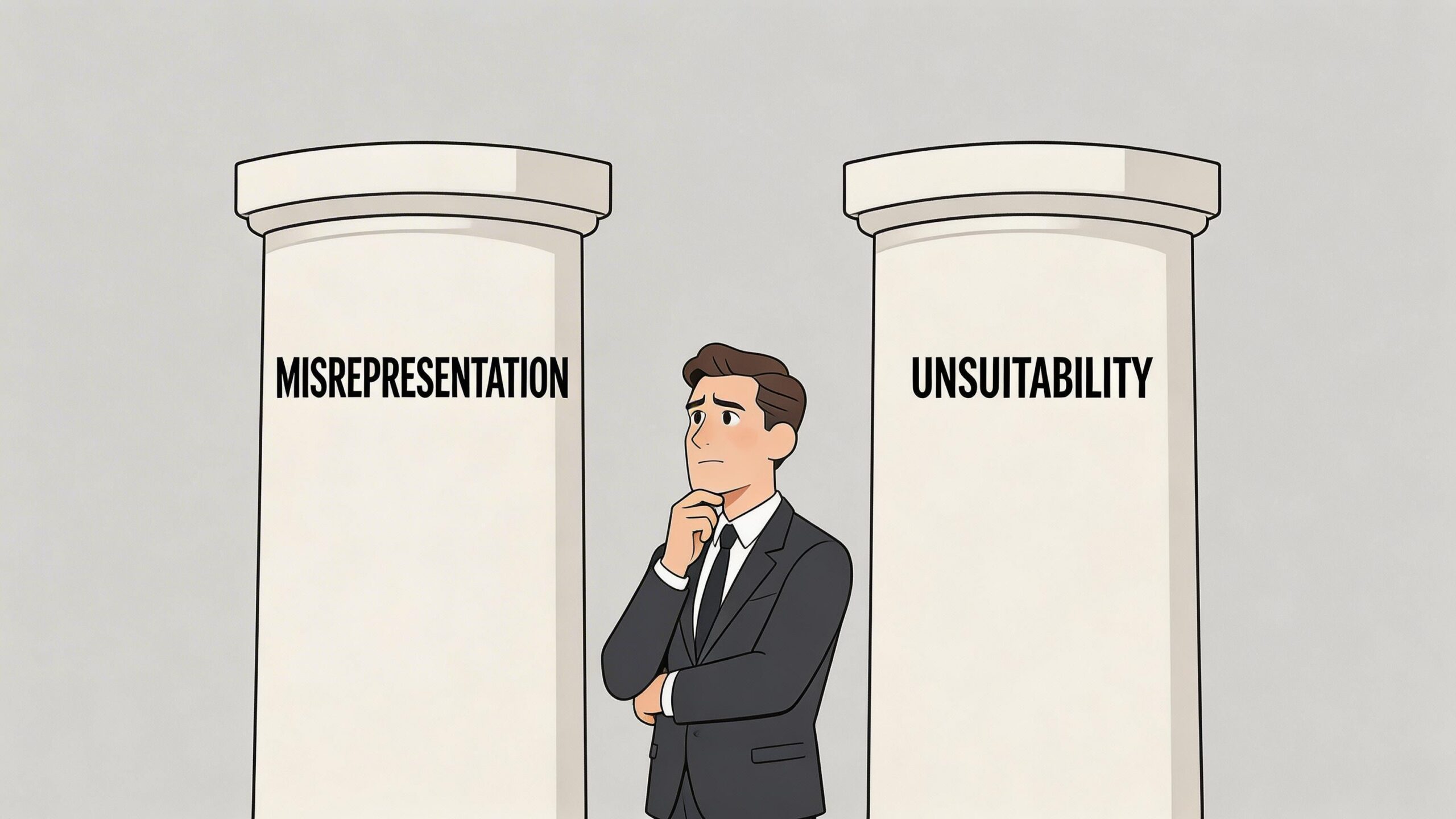 A professional man in a suit standing between two pillars labeled Misrepresentation and Unsuitability thinking deeply.