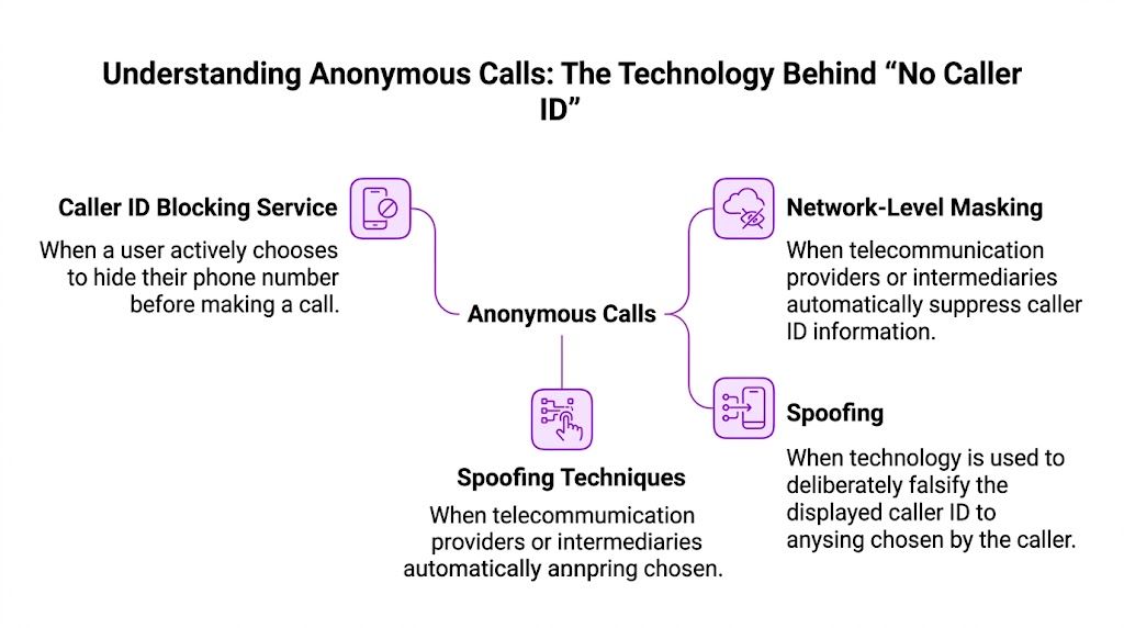 A diagram explaining three technologies behind anonymous calls including caller ID blocking, network-level masking, and spoofing techniques.