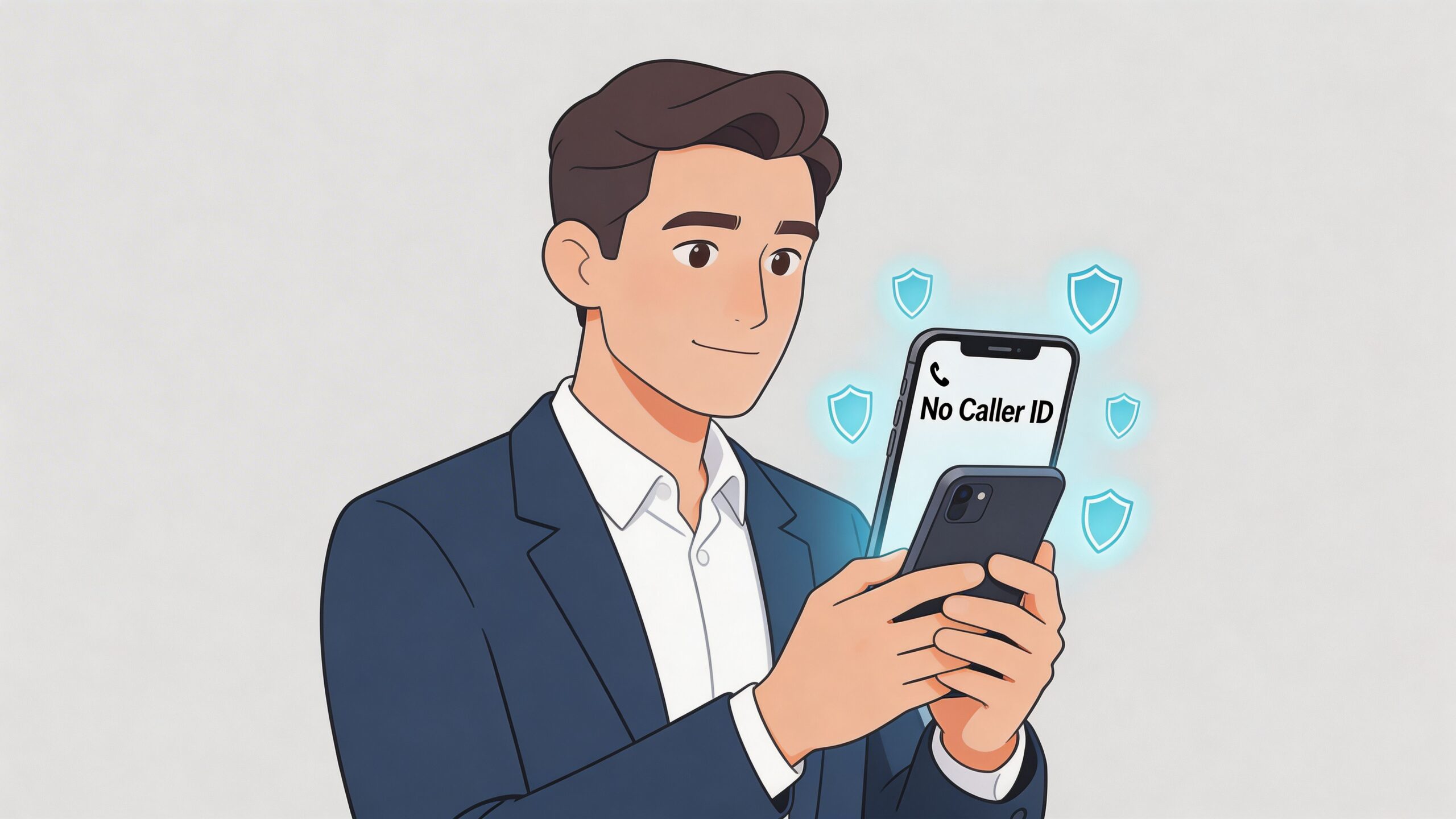 A professional man holding a smartphone showing a No Caller ID notification surrounded by digital security shields.