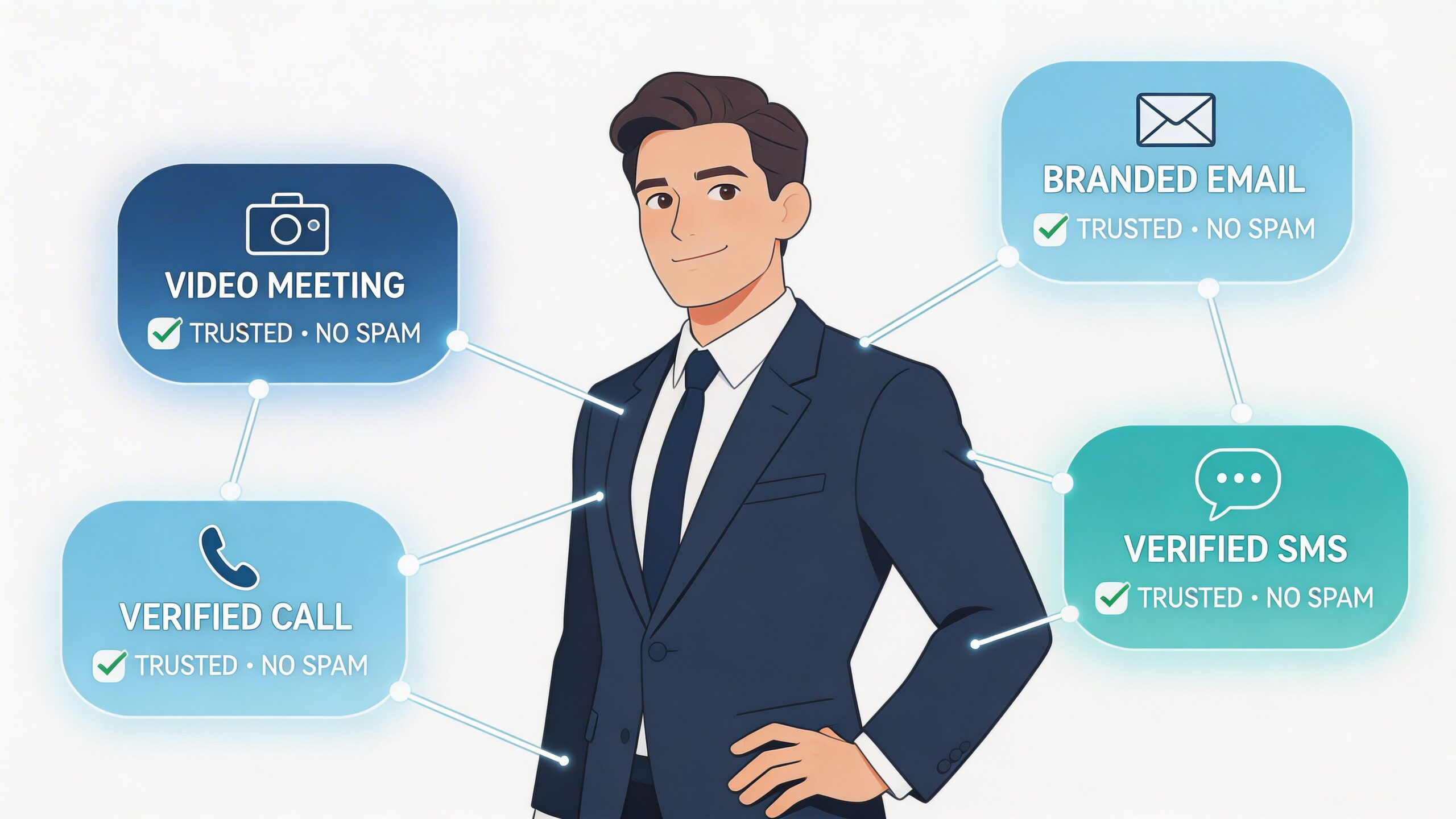 A professional man surrounded by icons representing secure communication channels like video meetings, verified calls, emails, and SMS.
