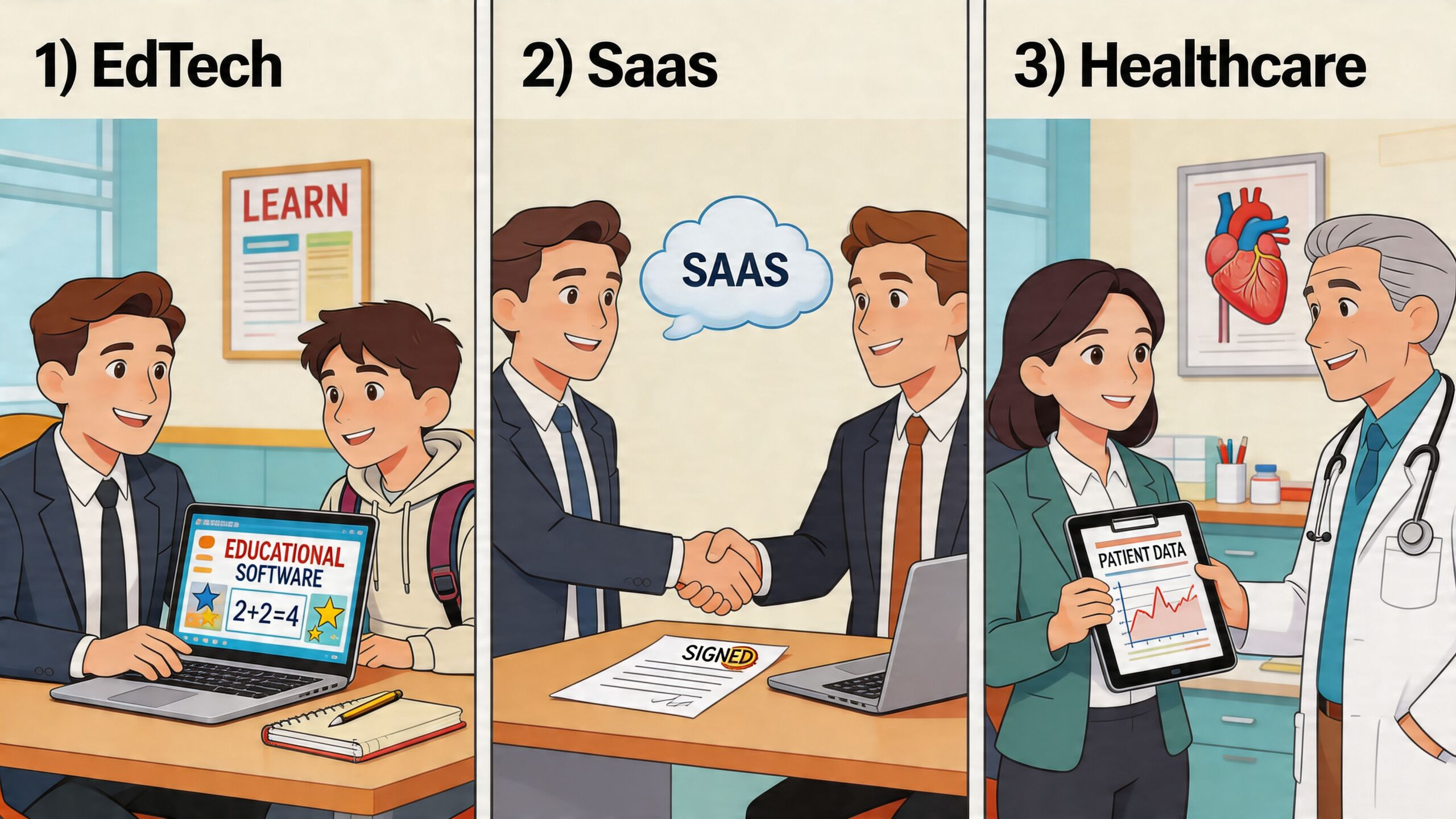 Three illustrated panels showing business professionals working in EdTech, SaaS, and Healthcare industries using digital technology.