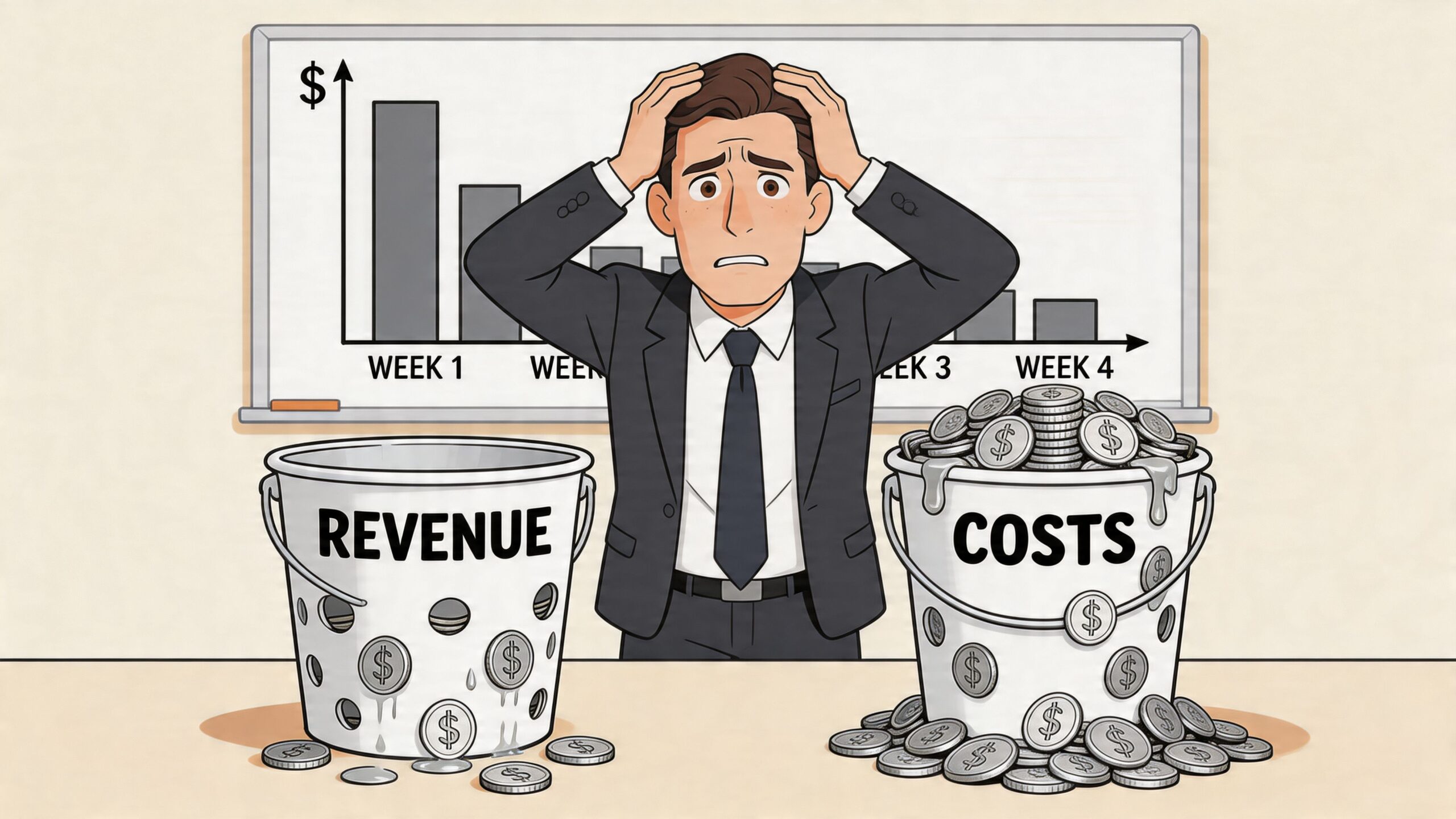 A stressed businessman looks at a declining chart while revenue leaks from a bucket next to overflowing costs.