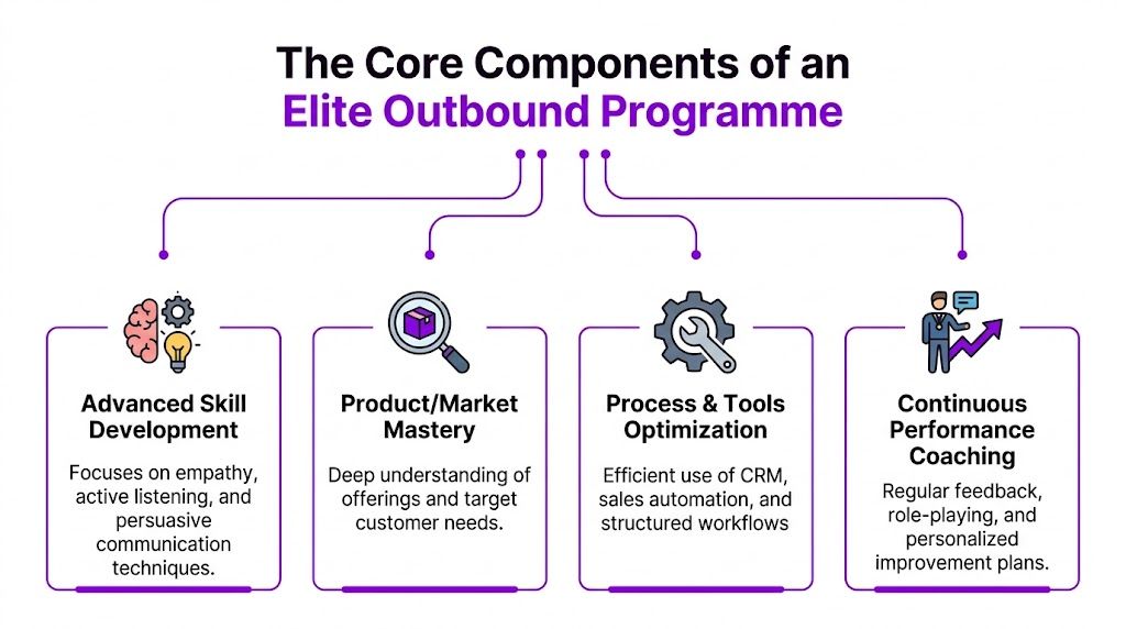 A diagram outlining the four core components of an elite outbound programme for sales and business development teams.