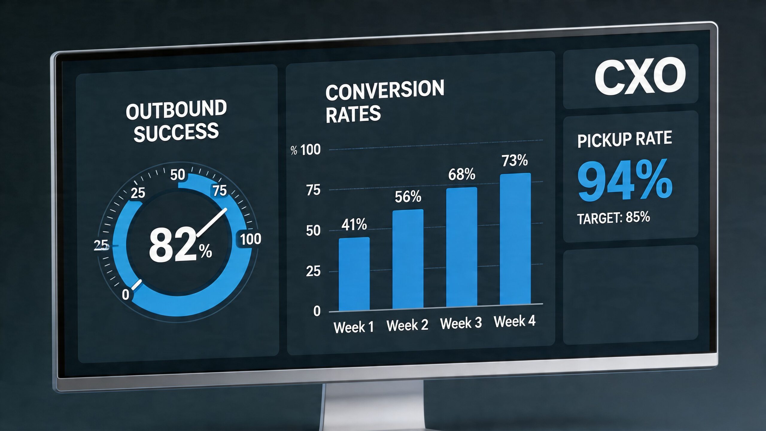 A digital dashboard screen displaying business metrics like outbound success, conversion rates, and pickup rate percentages.