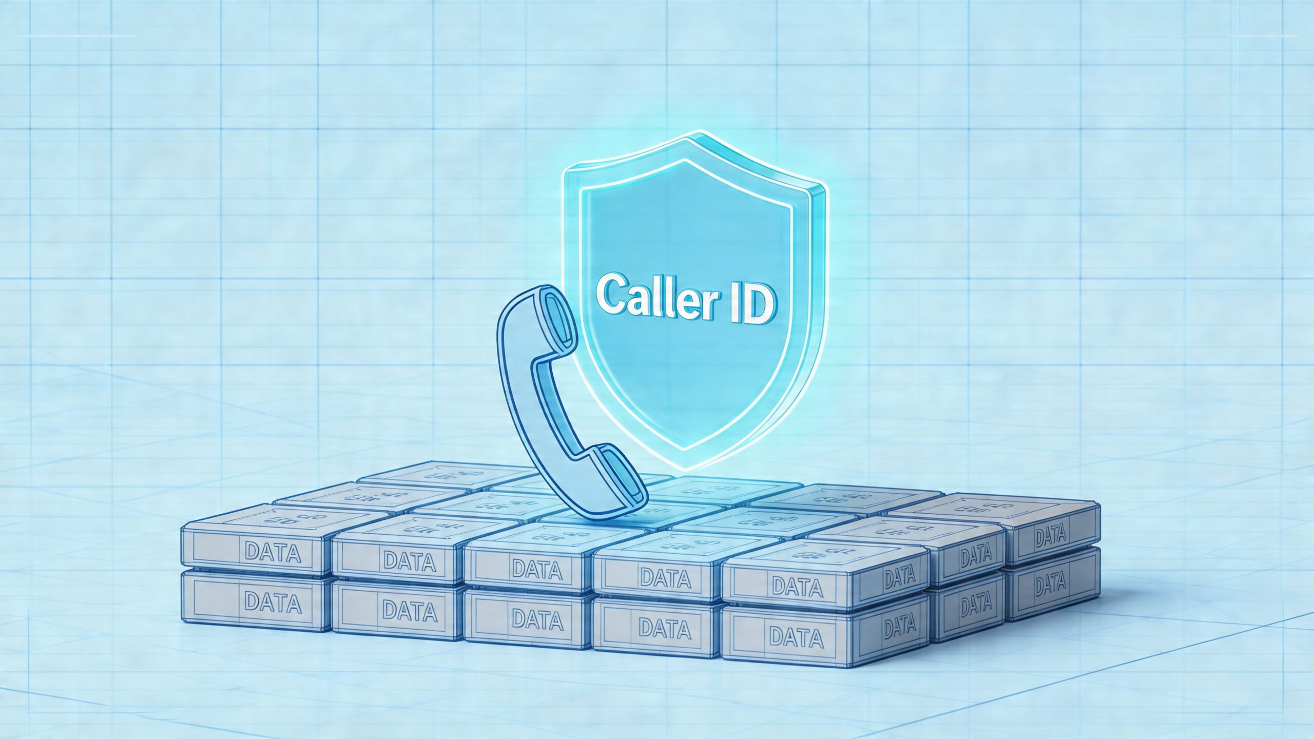 A digital illustration showing a blue phone handset in front of a shield labeled Caller ID.