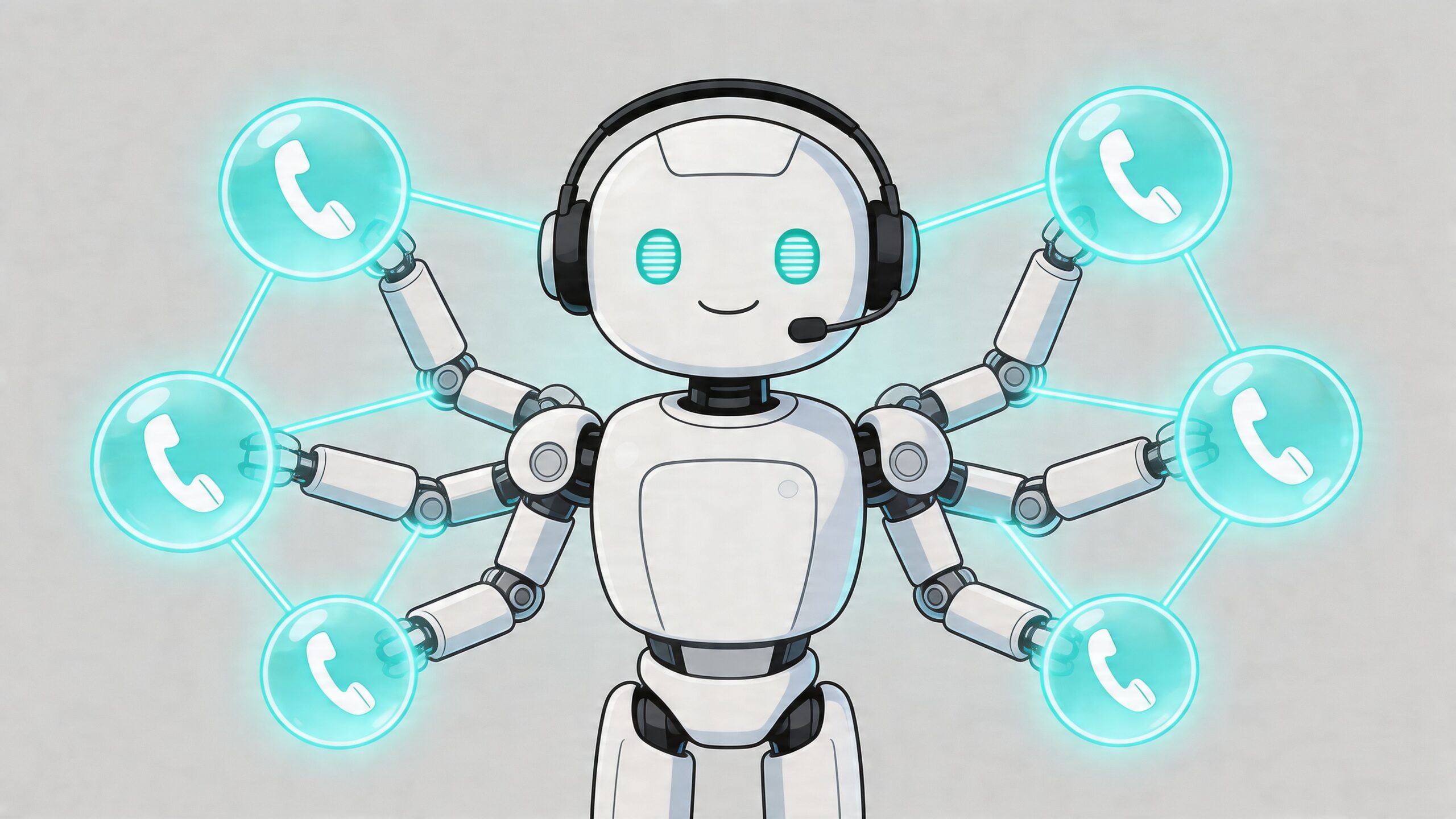 A friendly white robot with a headset and multiple arms interacting with floating phone call icons.