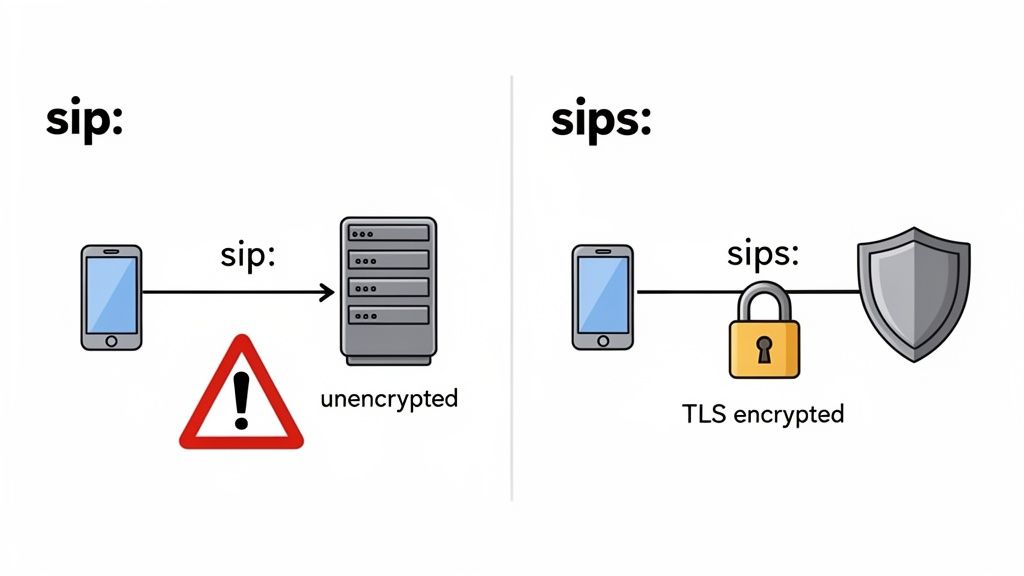 Diagram showing unencrypted SIP communication with a warning, versus secure SIPS communication using TLS encryption.