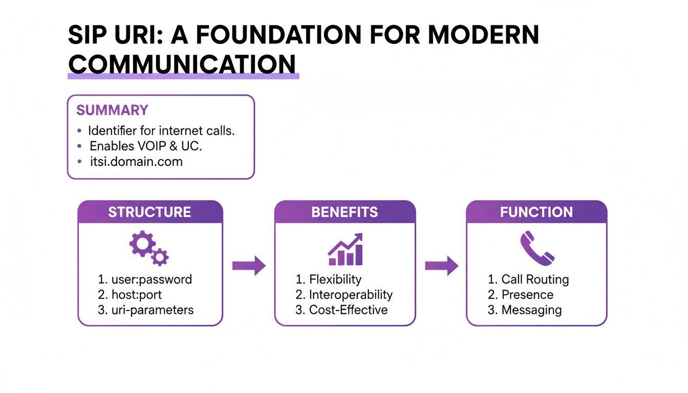 Infographic explains SIP URI as a foundation for modern communication, detailing its structure, benefits, and functions.
