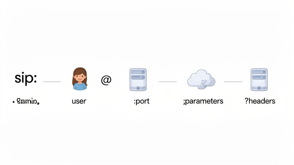A visual breakdown of a SIP URI, showing scheme, user, host, port, parameters, and headers.