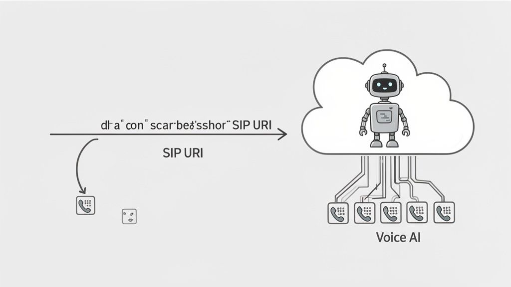 Diagram illustrating SIP URI routing calls to a cloud-based Voice AI system with phone endpoints.