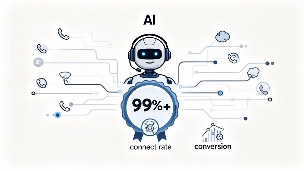 An AI robot in a call center setting, illustrating 99%+ connect rate and improved conversion through automation.