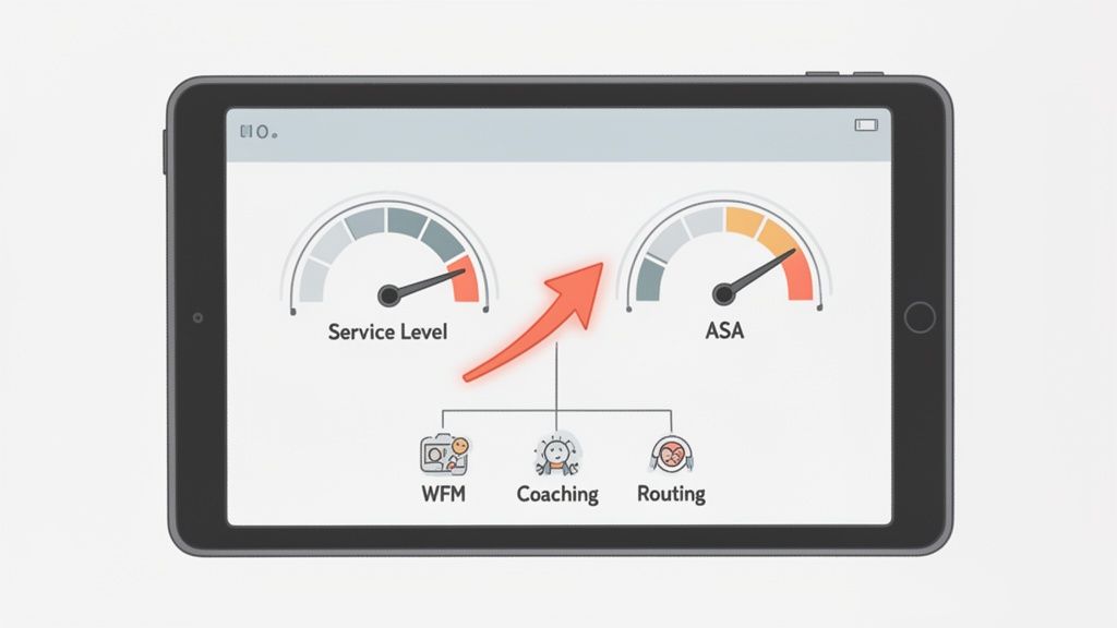 A tablet displays a dashboard with Service Level and ASA gauges, linked to WFM, Coaching, and Routing.