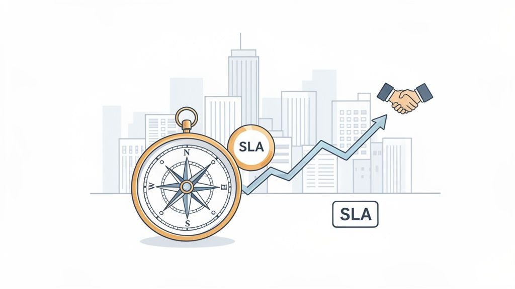 A compass guides a rising graph with a handshake over a city skyline, featuring 'SLA' text.