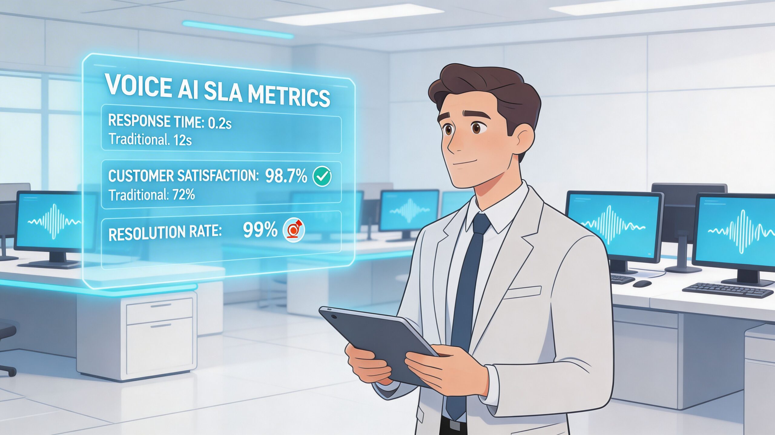 A professional man holding a tablet while reviewing Voice AI service level agreement metrics in an office.