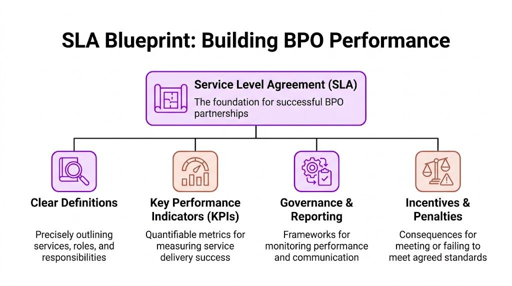 A diagram illustrating the four key components of a Service Level Agreement for BPO partnerships.