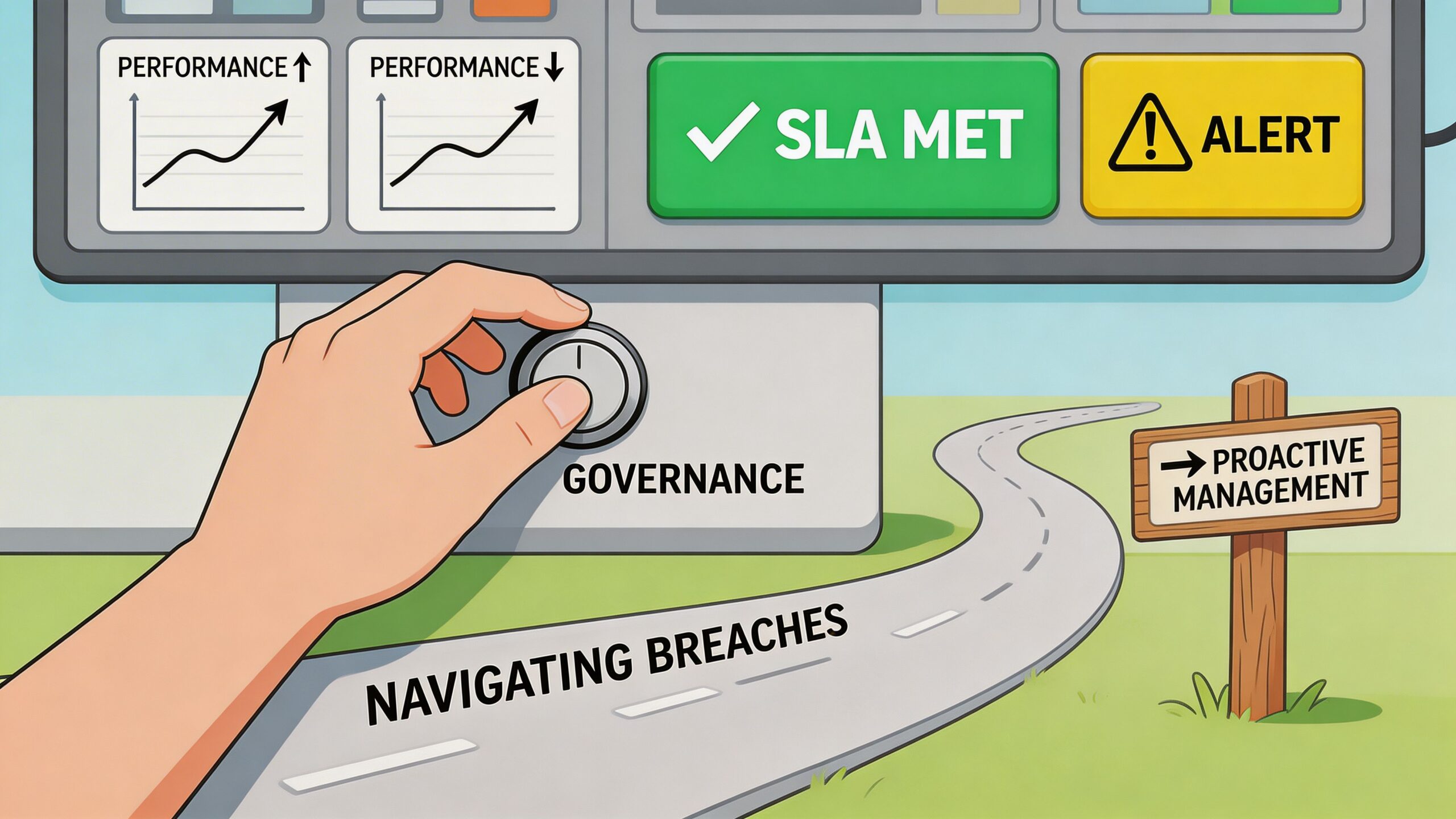 A hand adjusts a governance dial on a control panel, illustrating the concept of navigating service breaches.