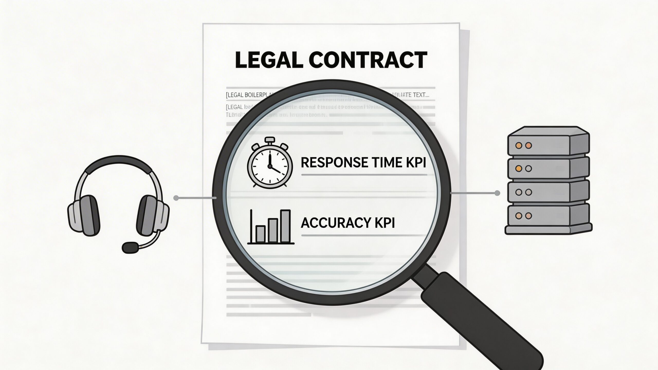 A magnifying glass focusing on response time and accuracy KPI clauses within a professional legal contract document.