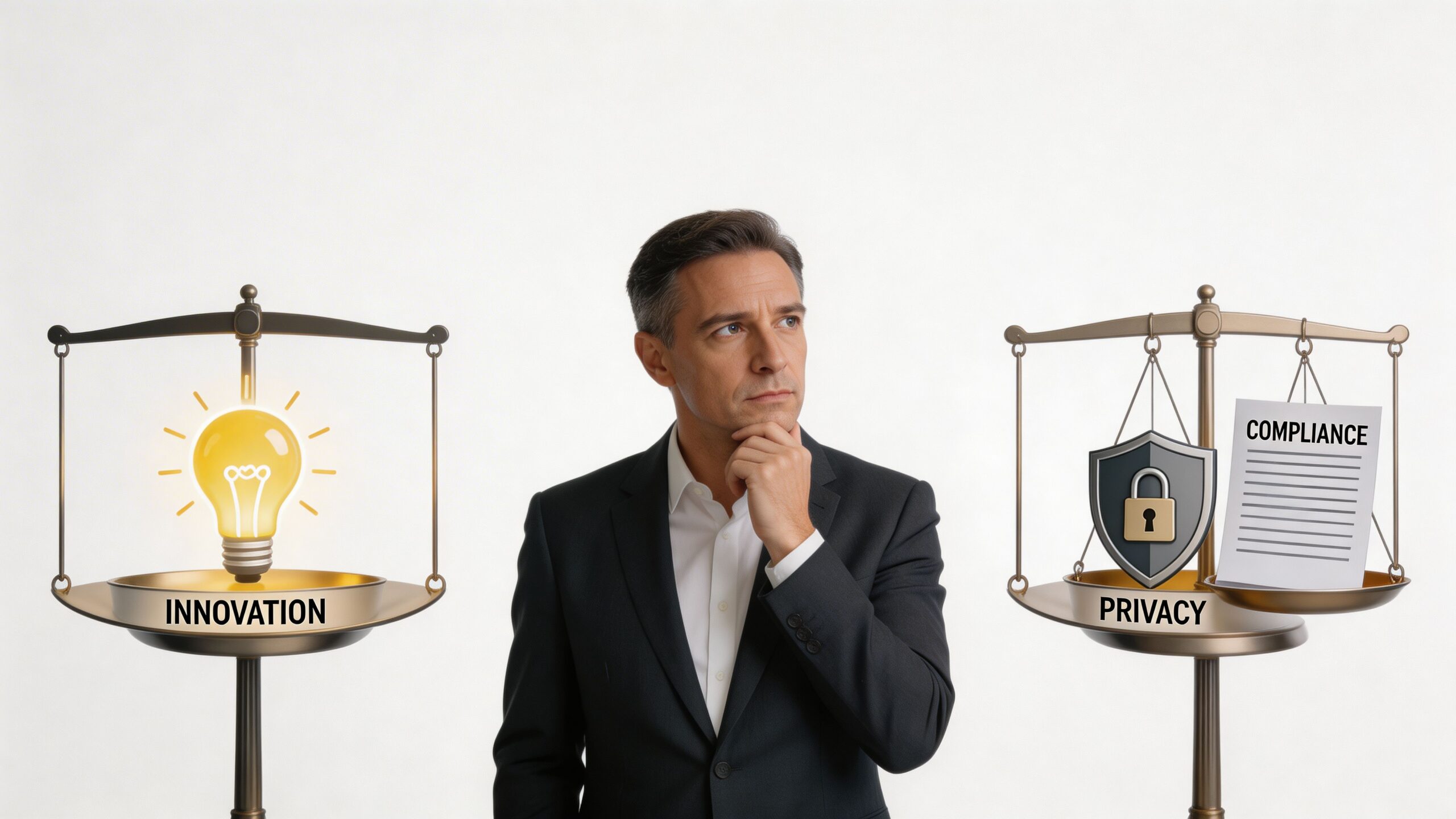 A businessman in a suit contemplating a balance scale weighing innovation against privacy and compliance.