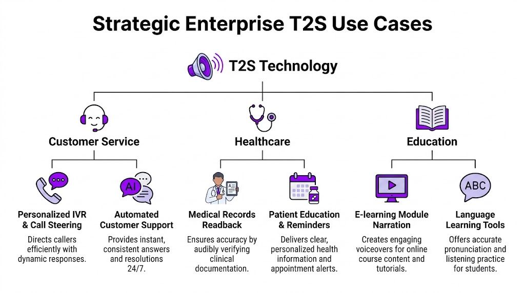 A diagram illustrating strategic enterprise T2S technology use cases in customer service, healthcare, and education sectors.