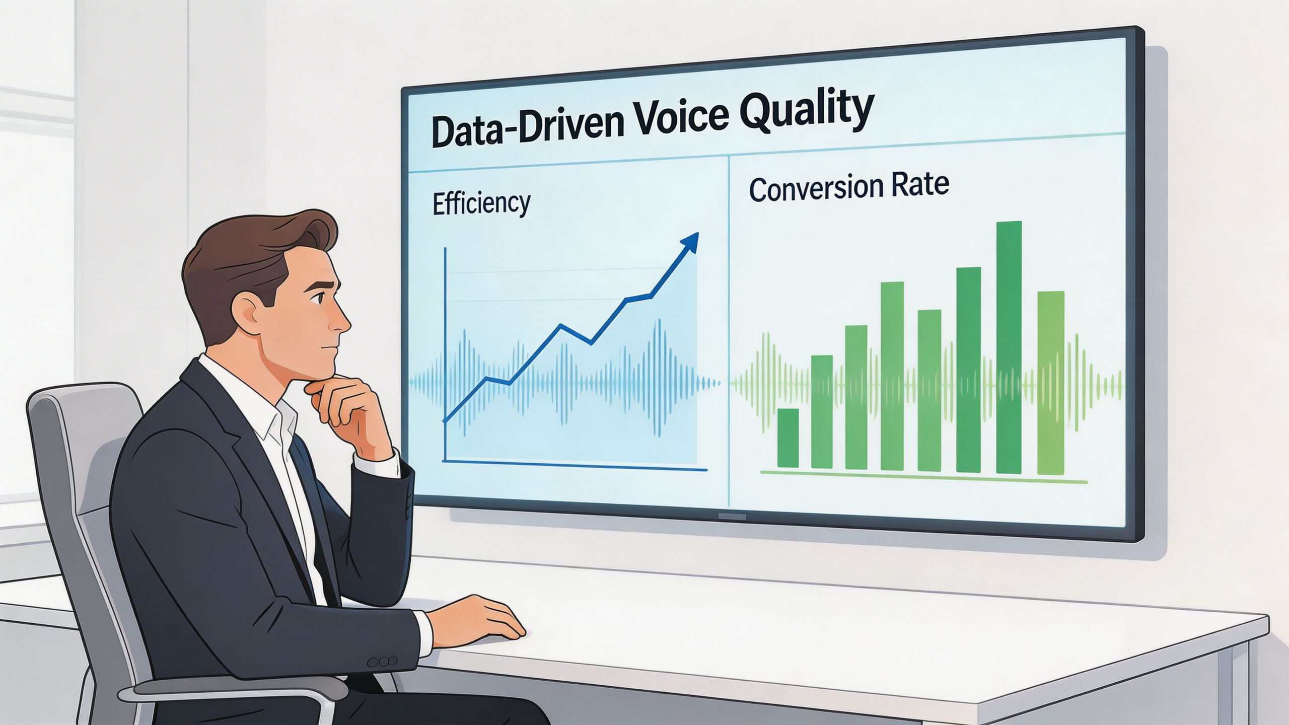 A professional man sitting at a desk and reviewing a digital dashboard displaying voice quality data analytics.