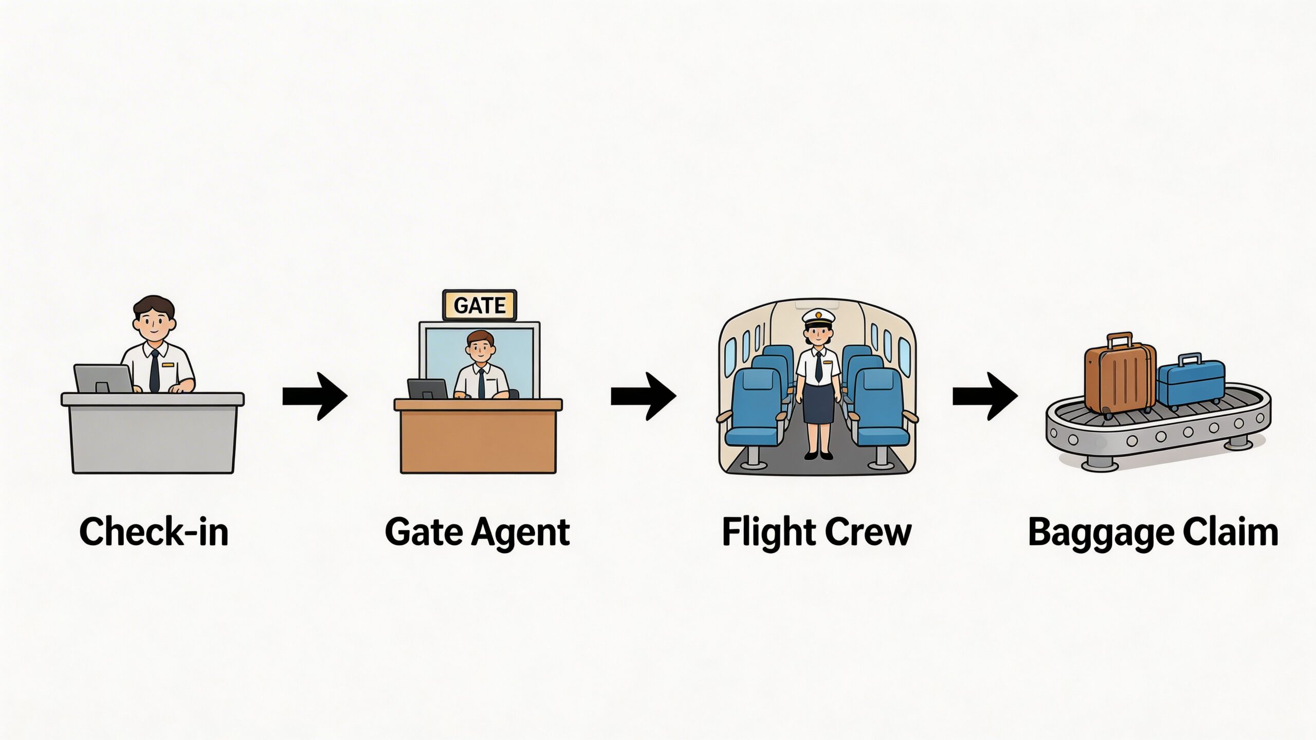 A diagram illustrating the four steps of the airport customer journey from check-in to baggage claim.