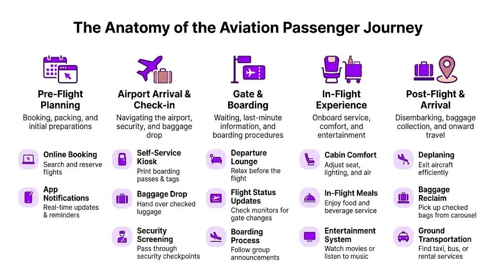A diagram illustrating the five stages of the aviation passenger journey from planning to final arrival.