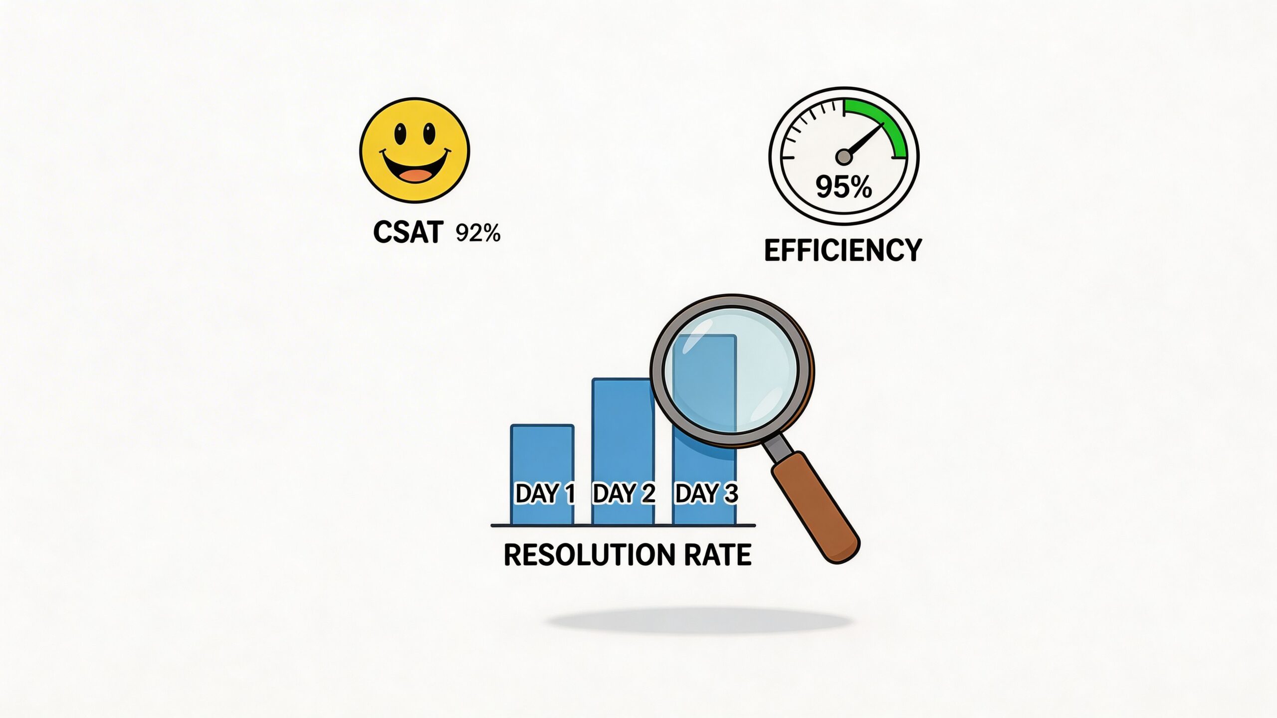 A graphic illustration showing customer service metrics including a smiling face for CSAT, efficiency gauge, and resolution rate.