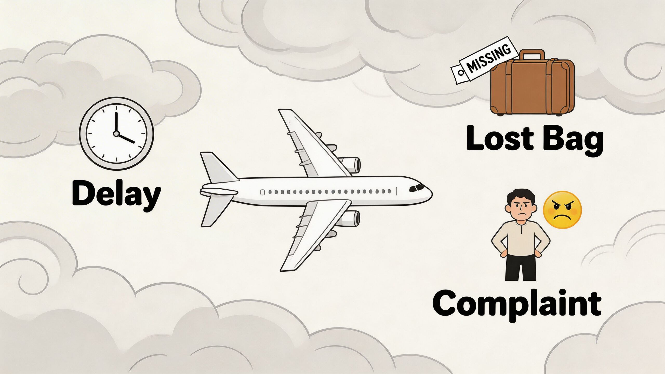 An illustration showing a plane surrounded by icons representing flight delays, lost luggage, and angry customer complaints.