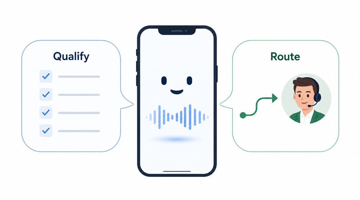 A smartphone illustration showing an AI agent qualifying leads and routing calls to a human agent.