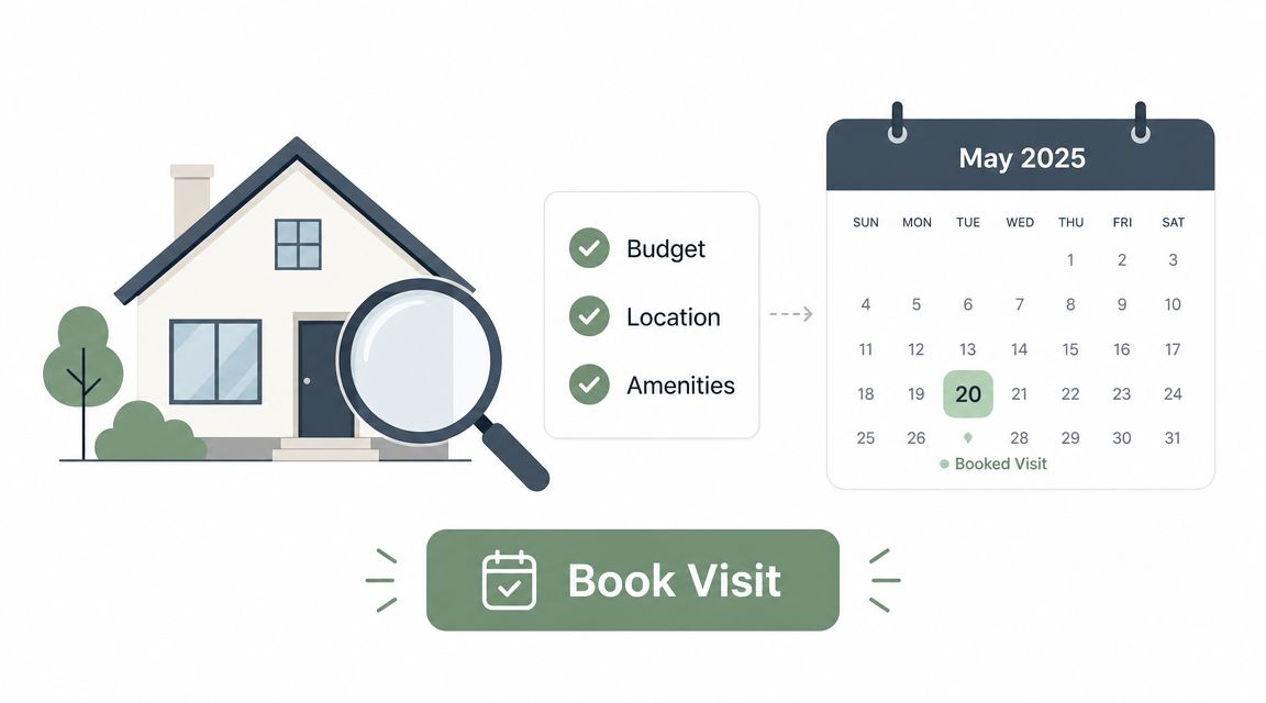 A digital illustration showing a house with a magnifying glass, checklist, and a May 2025 calendar interface.
