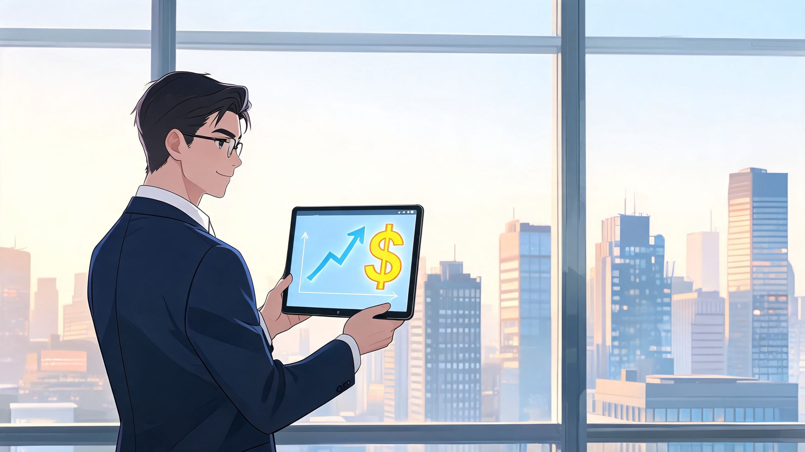 A professional businessman in a suit holding a tablet displaying a rising financial chart and dollar sign.