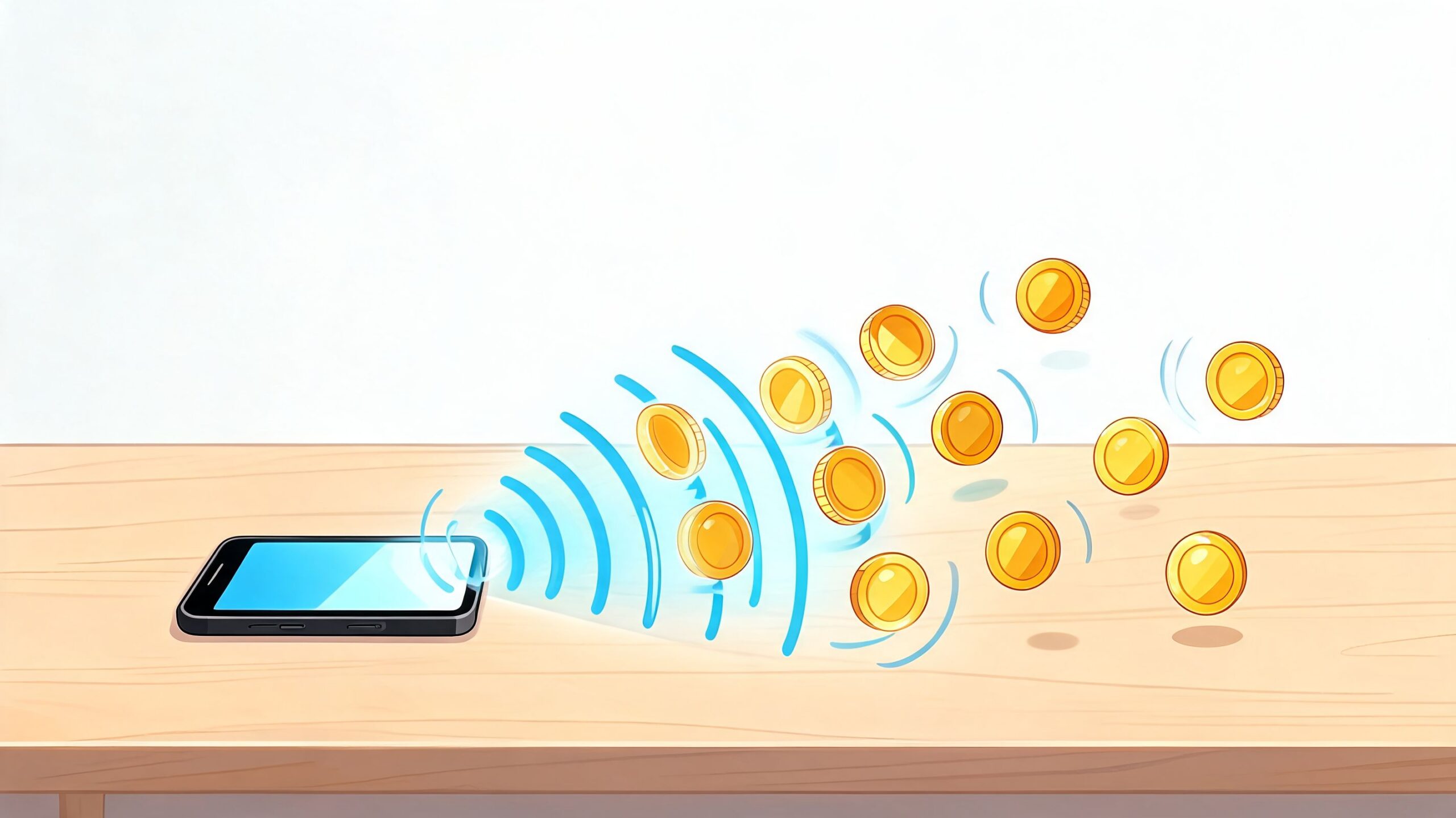 A smartphone on a wooden surface generating digital waves with floating gold coins, representing mobile payments.