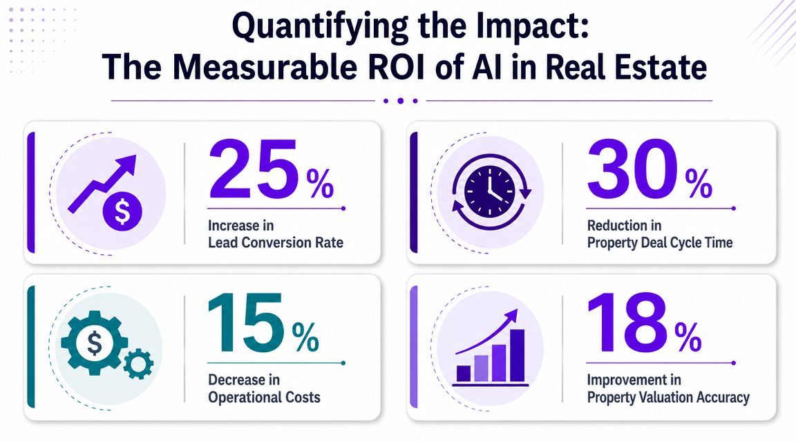 An infographic showing four key benefits of using artificial intelligence to improve real estate business performance.