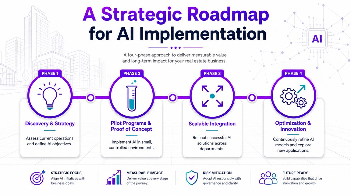 A four-phase strategic roadmap for implementing AI in the real estate business to drive measurable impact.
