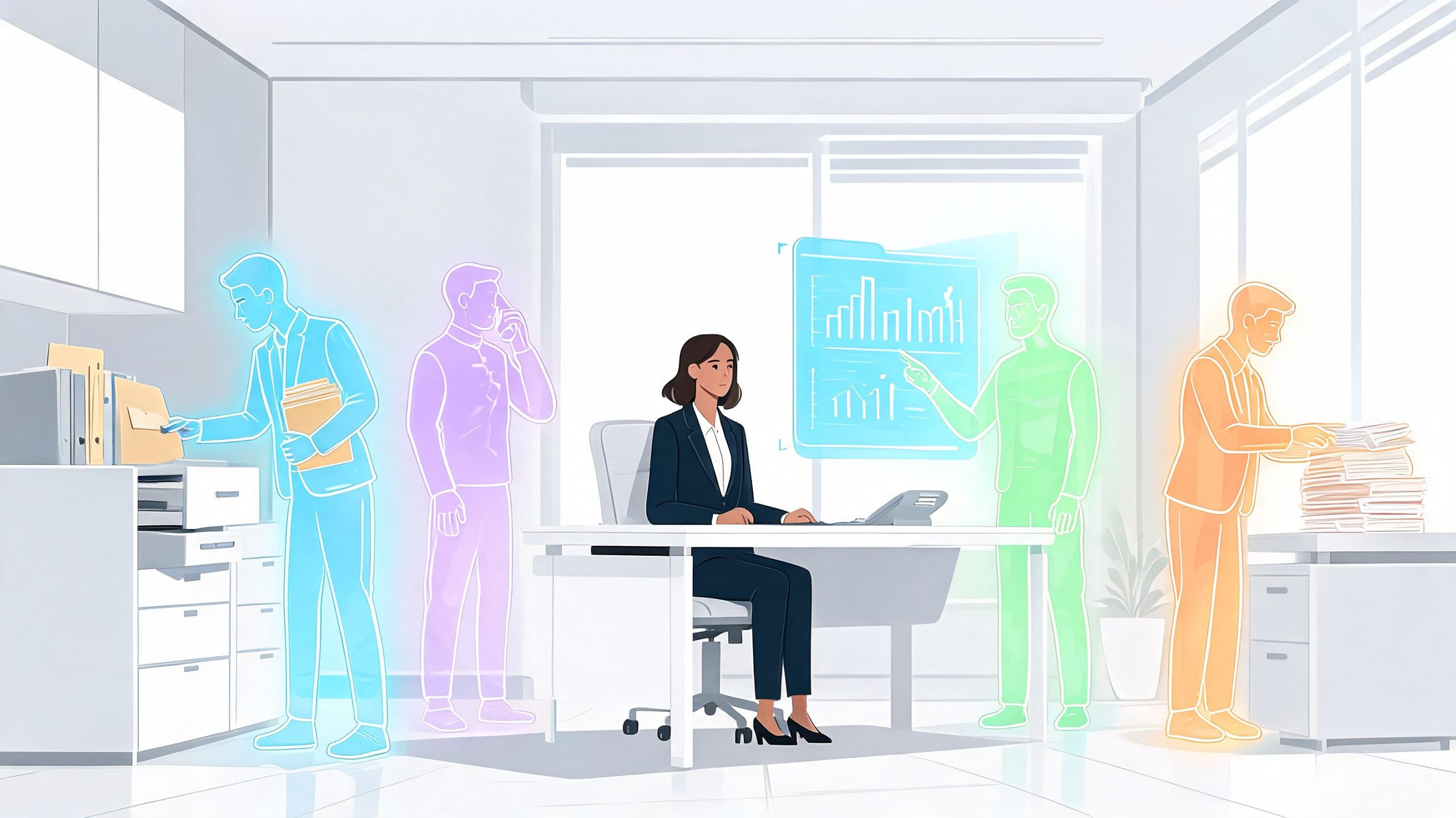 A professional woman working at her desk with AI-generated holographic colleagues assisting with various office tasks.