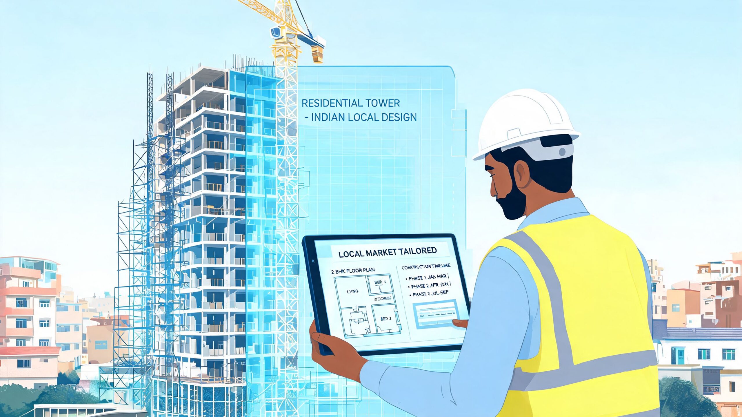A construction engineer reviewing digital building blueprints on a tablet at a modern housing development site.