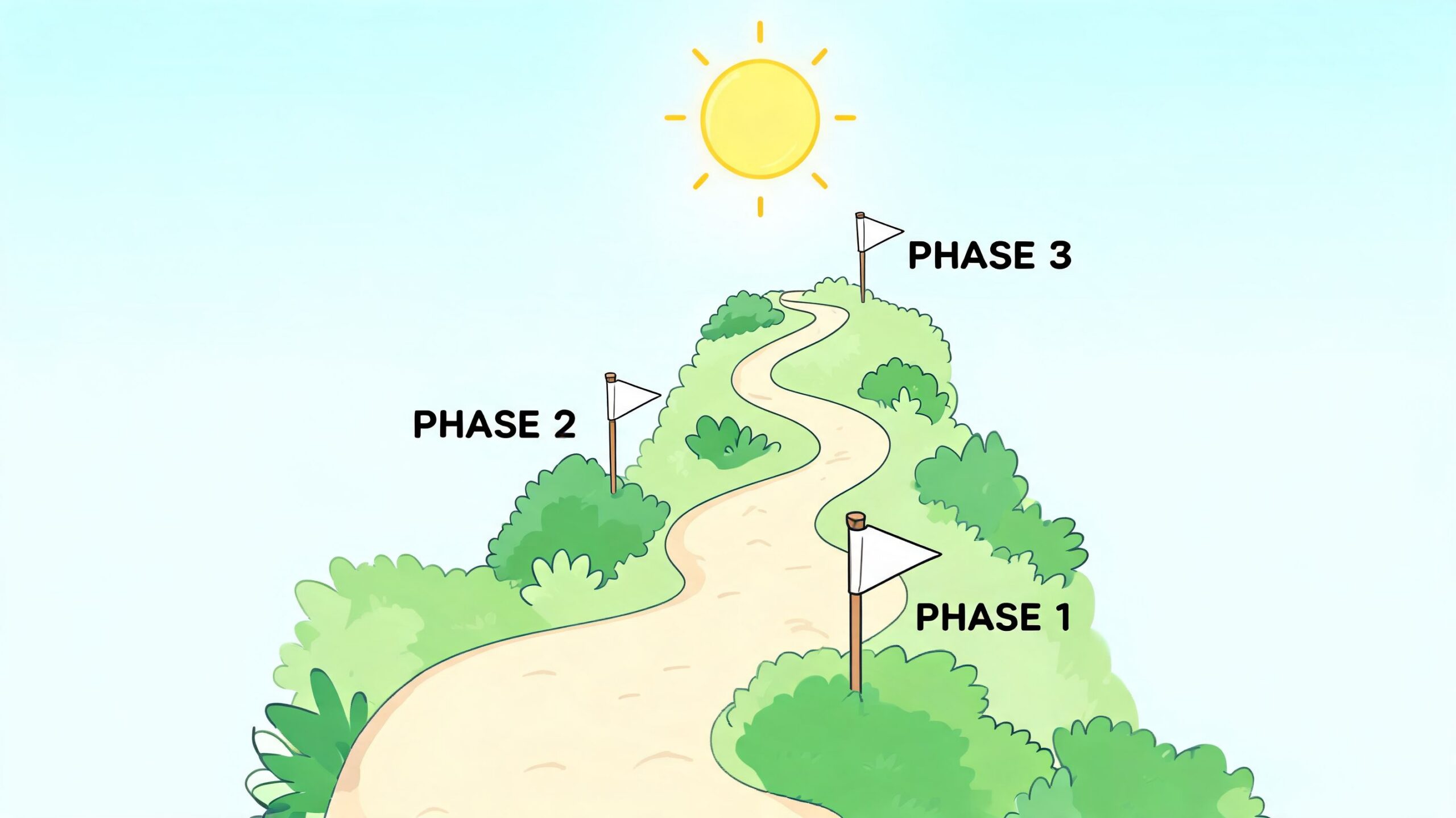 A path leading up a grassy hill with three phases marked by flags towards the sun.