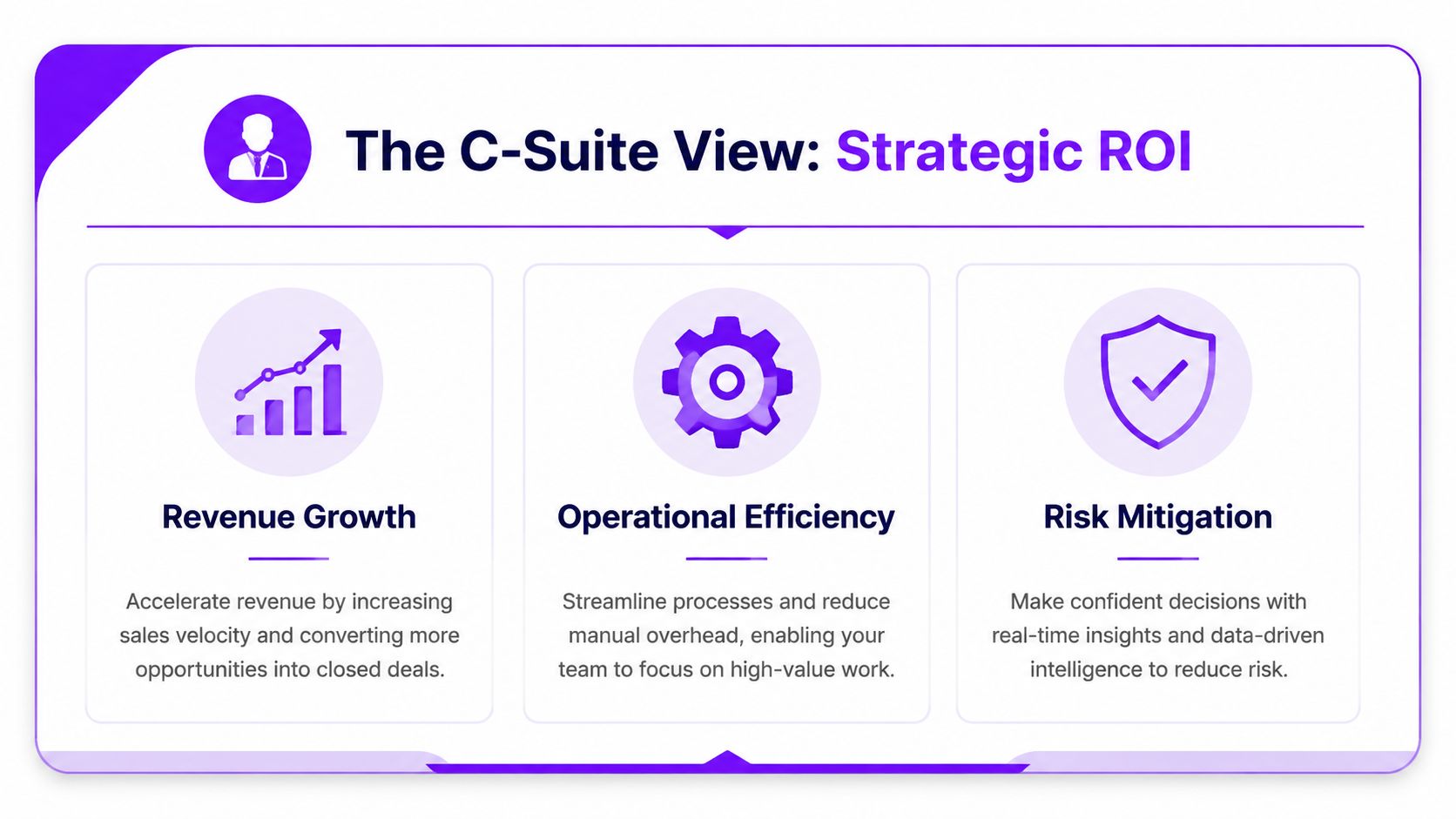An infographic titled The C-Suite View: Strategic ROI, highlighting Revenue Growth, Operational Efficiency, and Risk Mitigation benefits.